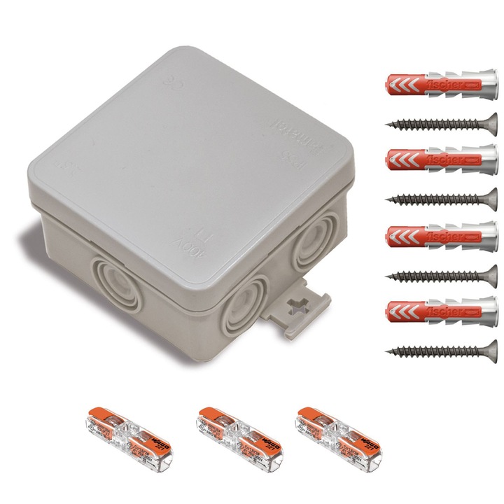 Doza de derivatie aparenta Famatel 3051, IP55, Gri, 75x75x39mm, cu 3 cleme Wago si 4 dibluri Fischer DuoPower