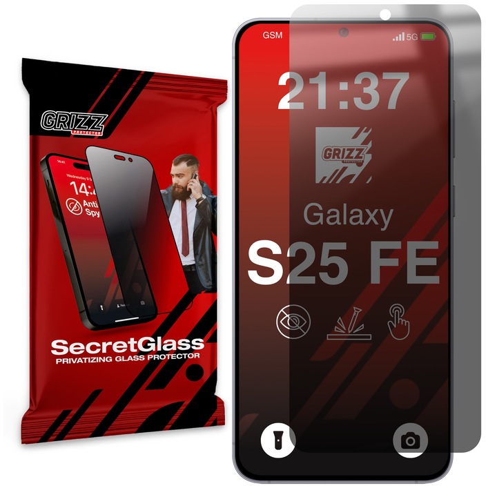 Folie de protectie pentru telefon Grizz SecretGlass, transparent, din Plexiglas, tip confidentialitate, pentru Samsung Galaxy S25 FE