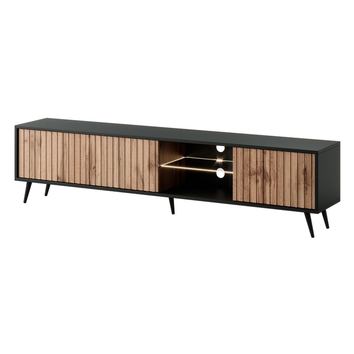 Comoda TV Selsey Bello, 175 cm, negru cu aspect stejar