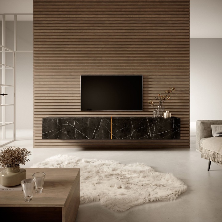 Comoda TV suspendata Selsey Bisira, aspect marmura neagra/auriu, 200 cm