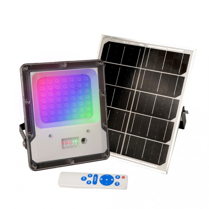 LED reflektor Lightex, 50W, RGB, IP65, Napelem, Akkumulátor 3.2V/5Ah, Távirányító