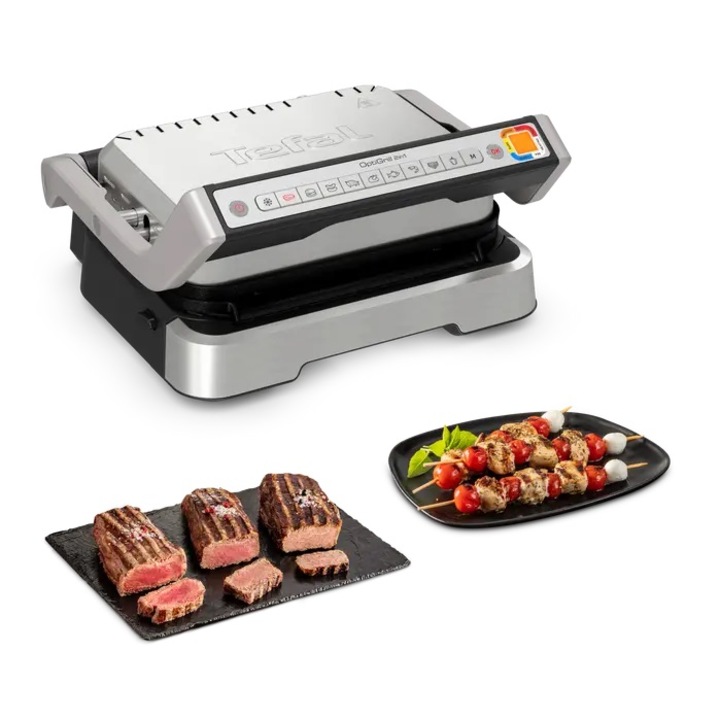 Грил преса Tefal GC-772D30 OptiGrill 2in1, 2100W, Незалепващо покритие, 9 автоматични програми, Автоматично регулиране на времето за готвене, Отваряне на 180° C, Индикатор за готовност, Сребрист