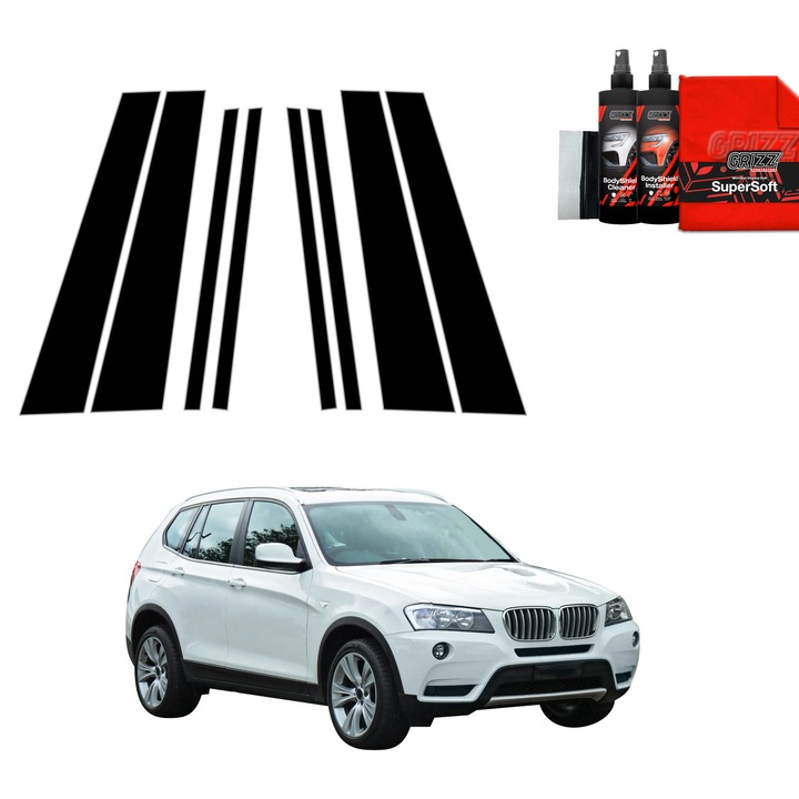 Folie de protectie neagra BodyShield Black, Grizz Glass, set complet, finisaj lucios, pentru BMW X3 F25 (2010-2014)