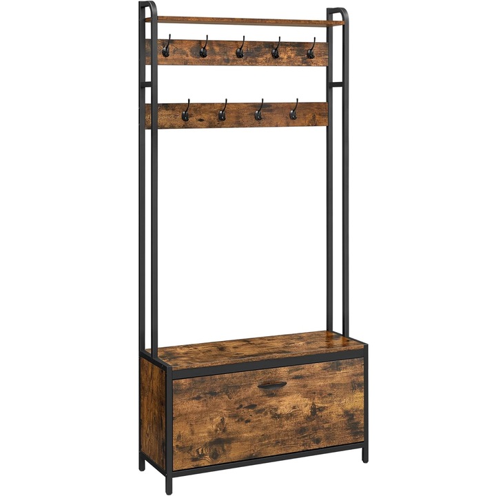 Cuier cu dulap de depozitare pantofi, cadru din otel, stil industrial, 32x85x180cm, maro rustic