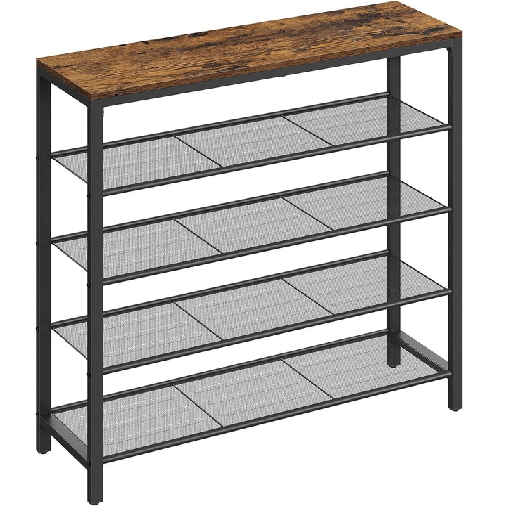 Raft de pantofi, cu 4 rafturi din plasa, cadru din otel, industrial, 30x100x92cm, maro rustic si negru