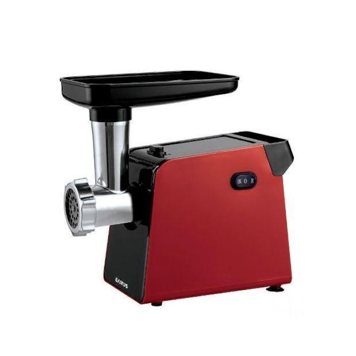 Месомелачка Samus SMT-1210-RED, 1200W, 3 метални решетки 3 мм, 5 мм, 7 мм, Сепаратор за домати, Аксесоари за наденици и кибе, Функция назад, Червен