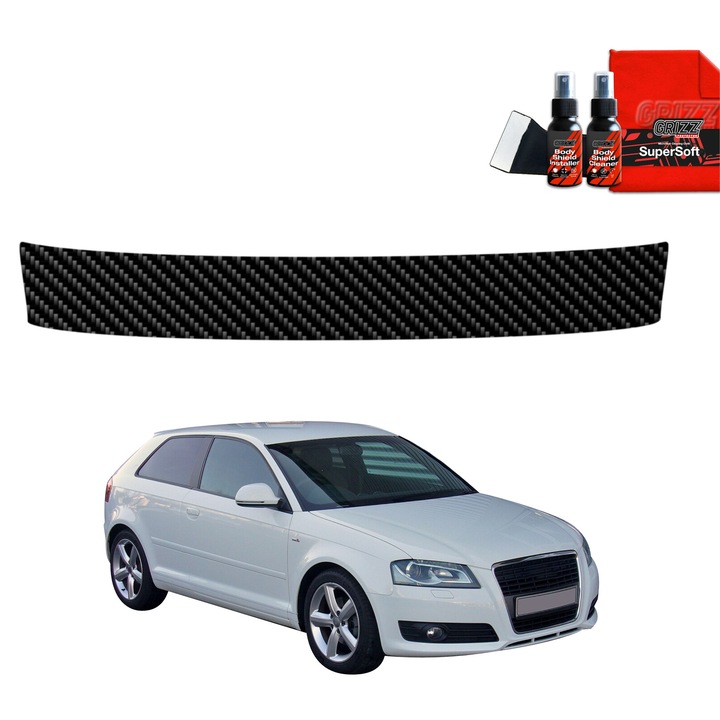 Folie de protectie carbon Grizz Glass pentru Audi A3 8P Hatchback 3D, finisaj carbon negru, set complet de instalare