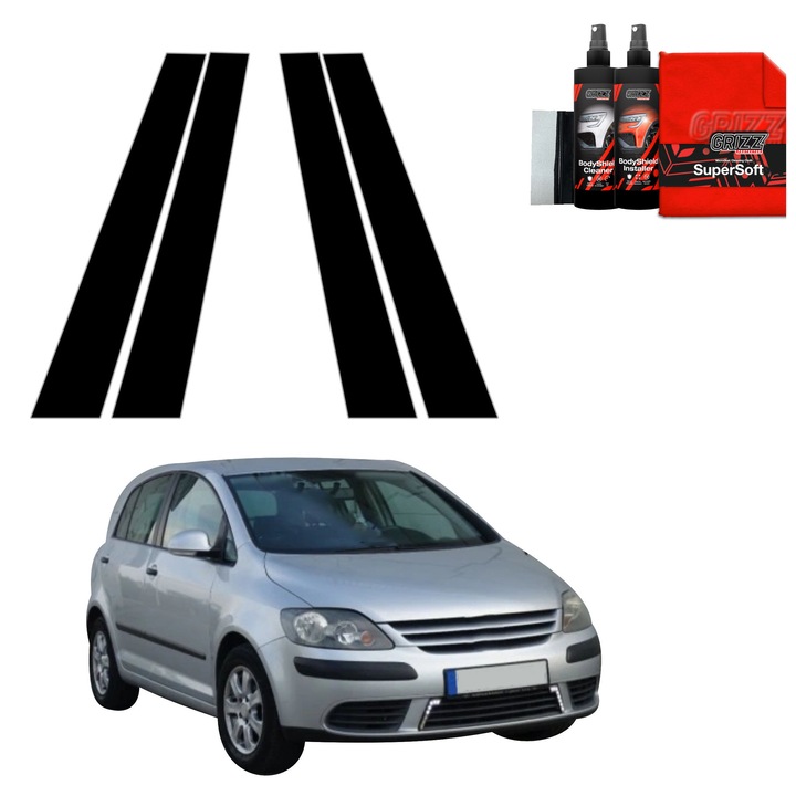 Folie de protectie neagra Grizz Glass pentru caroserie, set, finisaj lucios, Volkswagen Golf Plus Hatchback 5D, 2004-2008