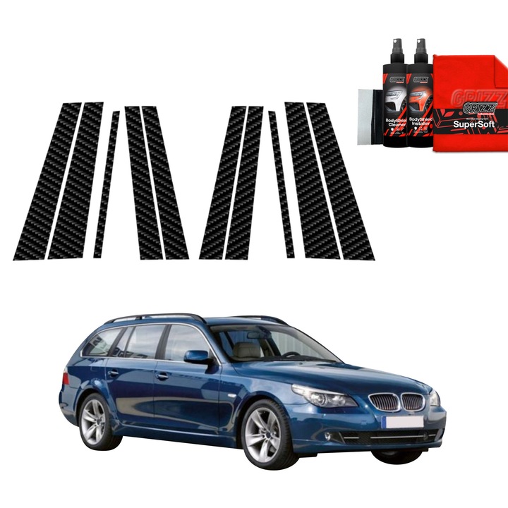 Folie de protectie carbon Grizz Glass pentru caroserie, negru carbon, set complet, pentru BMW 5 E61 Kombi LCI (2007-2010)