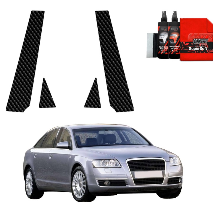 Folie de protectie carbon Grizz Glass pentru Audi A6 C6 Sedan 4D, finisaj carbon negru, set complet de instalare