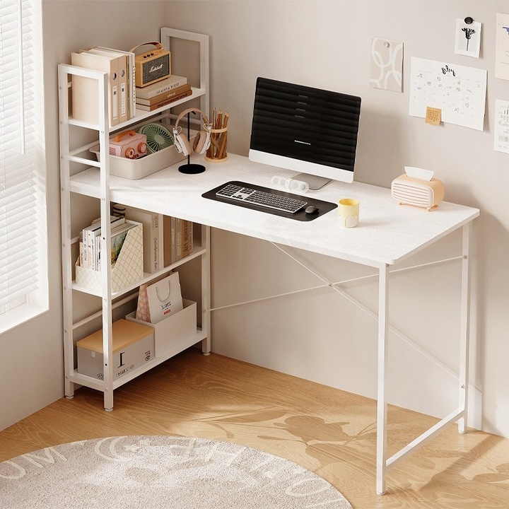 Birou pentru computer, masa loft, alb, stil tineresc, cu biblioteca si rafturi, 120 cm