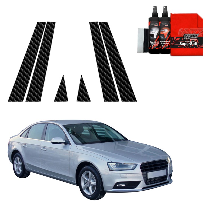 Folie de protectie carbon Grizz Glass pentru Audi A4 B8 Sedan Facelifting, negru carbon, set complet de instalare