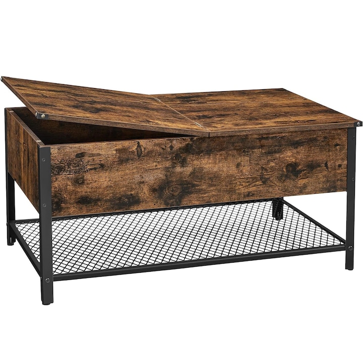 Масичка за кафе с повдигащ се плот, скрито отделение за съхранение и мрежест рафт, индустриален стил, 100x55x47см, рустик кафяво и черно