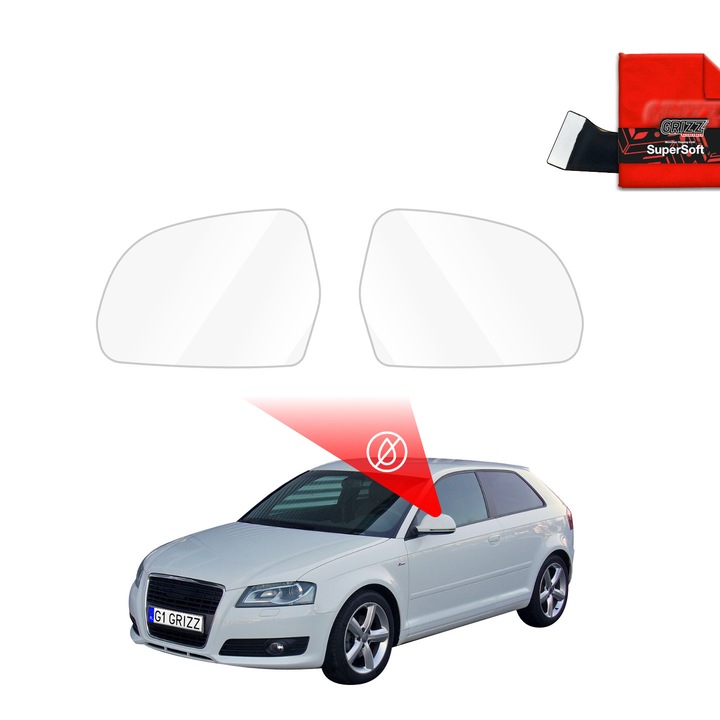 Folie anti-ploaie pentru oglinzi Grizz Glass, set de accesorii, transparent, pentru Audi A3 8P Hatchback 3D (2003-2008)