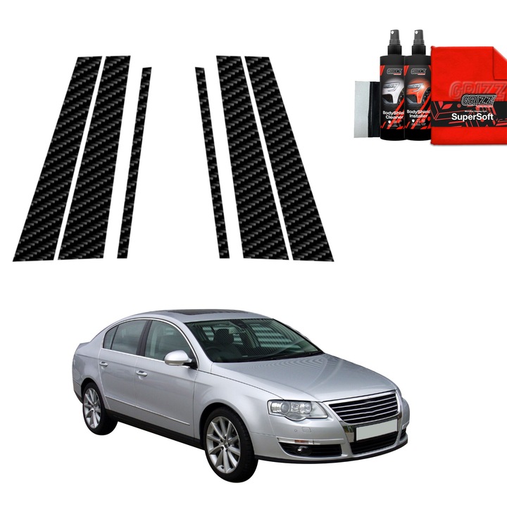 Folie de protectie carbon Grizz Glass pentru Volkswagen Passat B6 Sedan, finisaj carbon negru, set complet, 2005-2010
