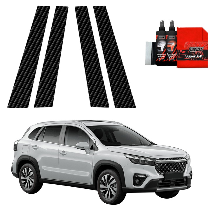 Folie de protectie carbon Grizz Glass pentru caroserie, negru carbon, set complet, pentru Suzuki S-Cross (2021-2025)