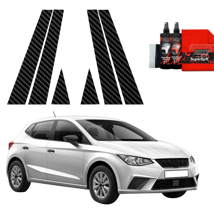 Folie de protectie carbon Grizz Glass pentru caroserie, set, carbon negru, 6in1, pentru Seat Ibiza (2021-2025)