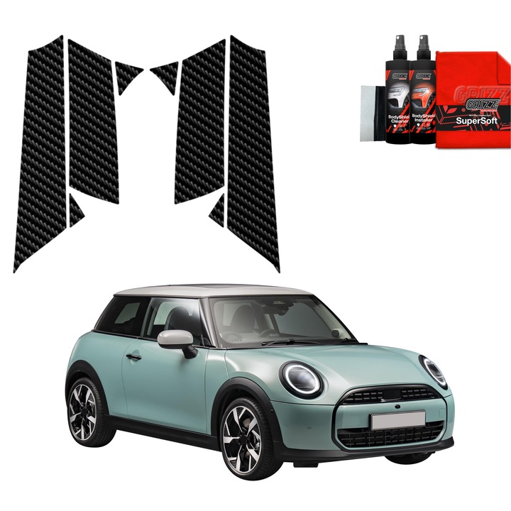 Folie de protectie carbon Grizz Glass pentru caroserie, negru carbon, set complet pentru Mini Cooper S (2023-2025)