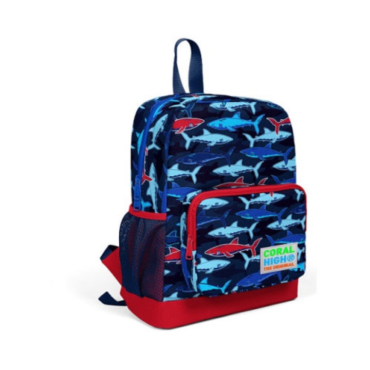 Óvodás hátizsák fiúknak, cápás, 38x27x14 cm. Kék színű, vízálló, 2 rekeszes, 2 oldalzsebbel