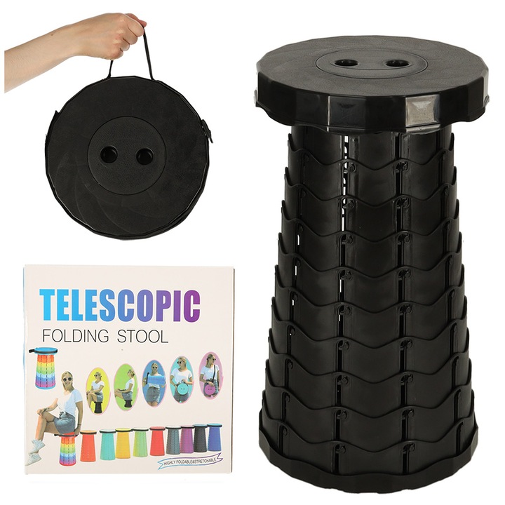 Телескопичен сгъваем стол Kik, черен, 200 кг, 45x25 см