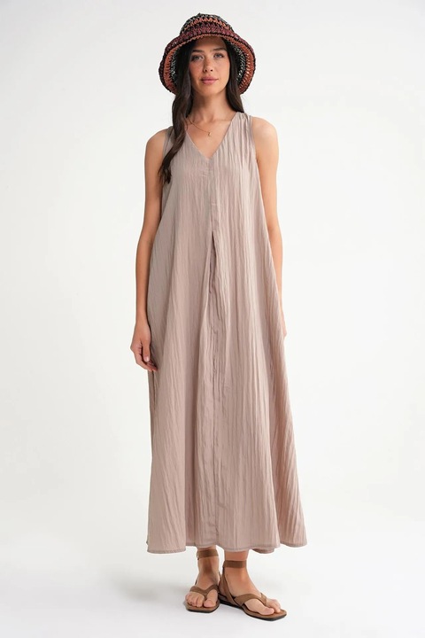 Rochie maxi Mixray, decolteu in V, maro, textil