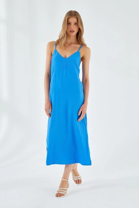 Rochie Midi, Mixray, Albastru Cobalt, Decolteu in V, Slit, Textil
