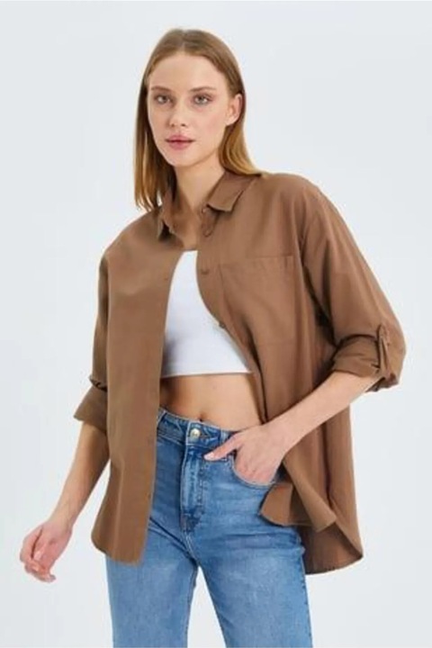 Camasa dama, Mixray, cu maneca lunga, buzunar, bej natural, textil