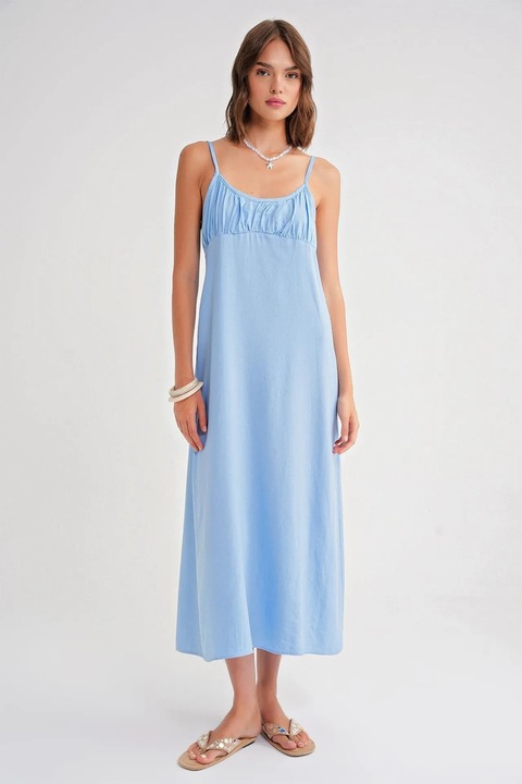 Rochie Maxi, Mixray, cu Bretele, Detaliu Drapat, Albastru, Textil