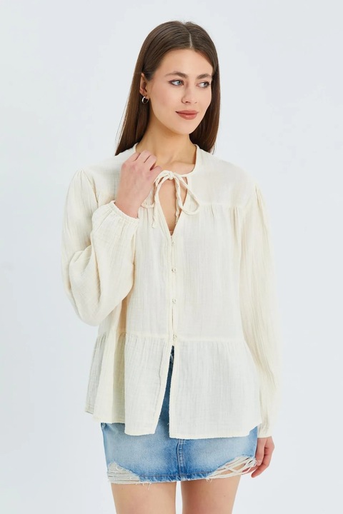 Camasa dama, Mixray, bluza cu maneca lunga, croiala relaxata, culoare natural, textil