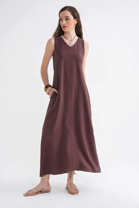 Rochie Maxi, Mixray, Fara Maneci, Culoare Maro, Textil