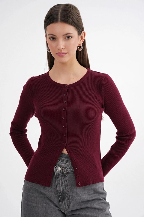 Cardigan tricotat, Mixray, Slim fit, Nasturi, Visiniu