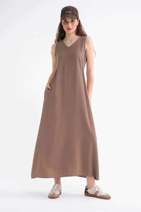 Rochie Maxi Mixray, fara maneci, cu buzunare, maro, textil