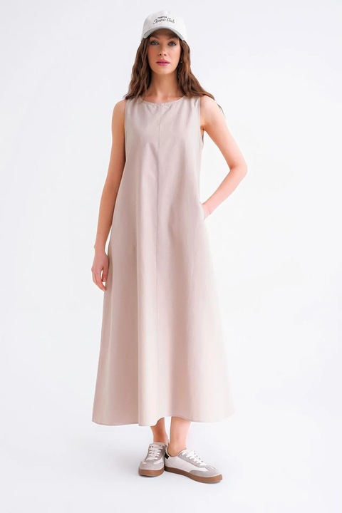 Rochie Maxi, Mixray, Relaxed Fit, cu Buzunare, Stone Natural, Textil