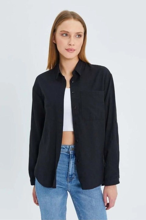 Camasa dama, Mixray, camasa cu maneca lunga, buzunar, negru, textil