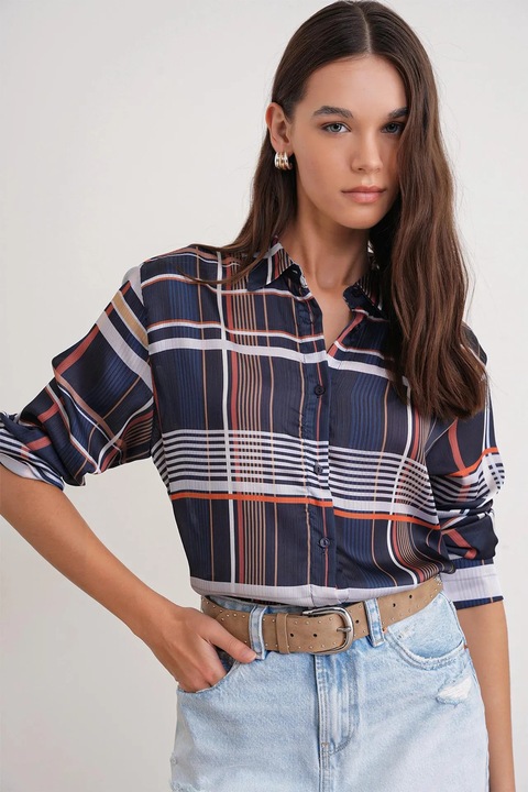 Camasa dama, Mixray, camasa din satin cu nasturi, bleumarin, textil