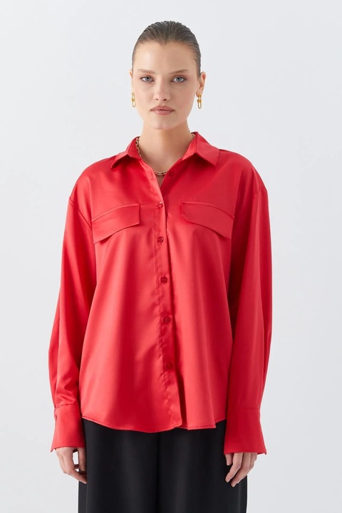 Camasa dama, Mixray, camasa din satin, detaliu buzunar, rosu, textil