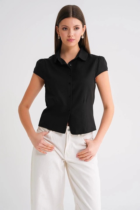 Camasa dama, Mixray, camasa Poplin Slim Fit, negru, textil