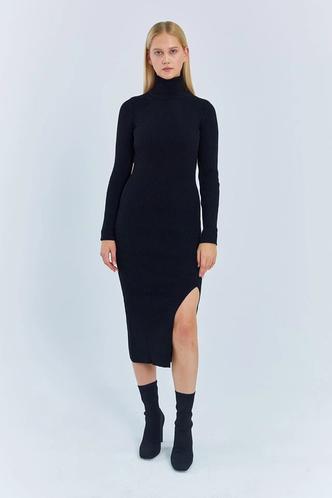 Rochie, Mixray, Rochie tricotata midi, guler inalt, negru, tricot