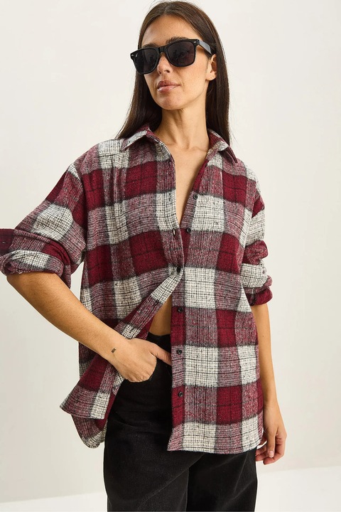 Camasa dama, Bianco Lucci, camasa din poplin in carouri, relaxata, rosu burgund, textil, S-M INTL