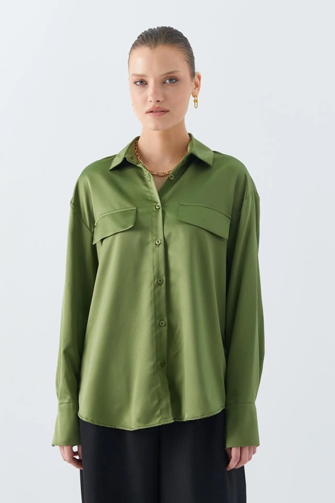 Camasa dama, Mixray, camasa din satin, detaliu buzunar, verde kaki, textil