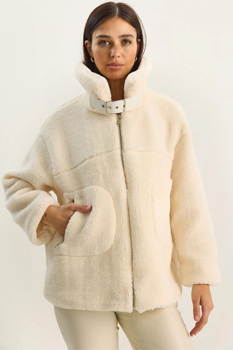 Geaca puffer oversized Bianco Lucci, crem natural, textil, cu inchidere cu fermoar