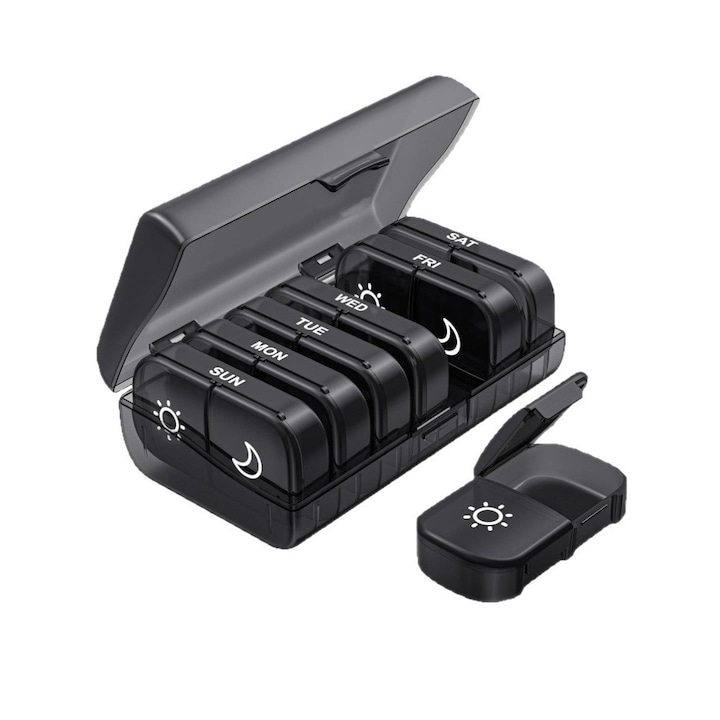 Organizator medicamente Huideng, portabil, pentru 7 zile, 2 compartimente, negru
