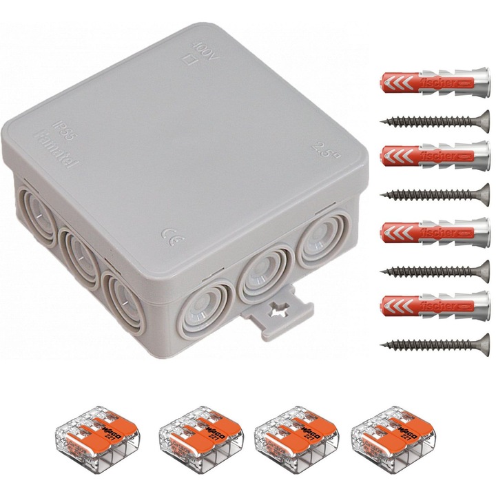 Doza de derivatie Famatel 3052, IP65, 12 intrari, gri, 85x85x39mm, cu cleme Wago si dibluri Fischer DuoPower