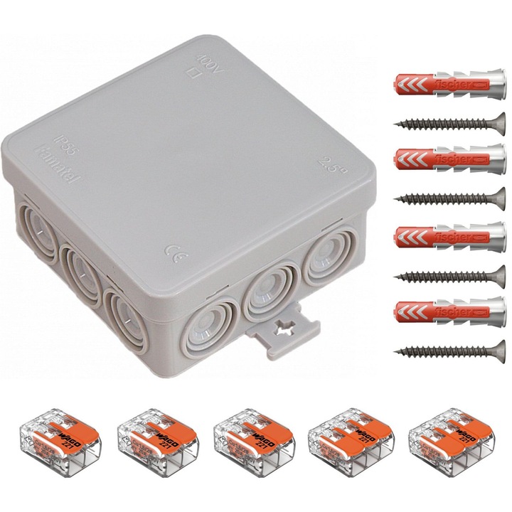 Doza de derivatie aparenta, Cutie conexiuni IP65 Famatel 3052, cu 12 intrari, 85x85x39mm dotata cu cleme Wago 221-412 3 buc Wago 221-413 2 buc si dibluri Fischer DuoPower 6x30 4 buc
