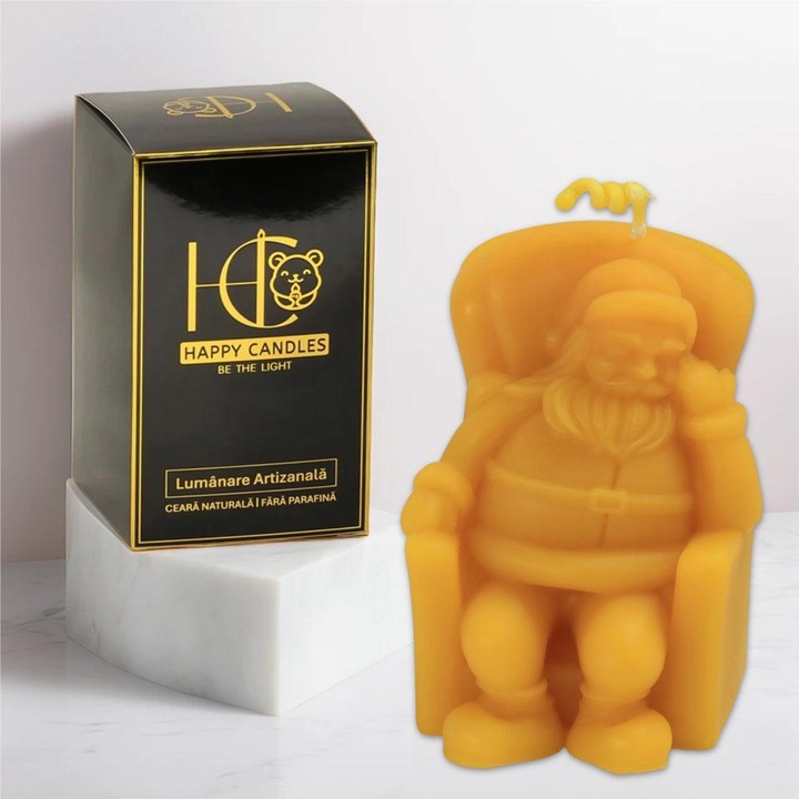 Lumanare din ceara naturala de albine, Happy Candles, Mos Craciun, Galben, Handmade, Craciun, 140g