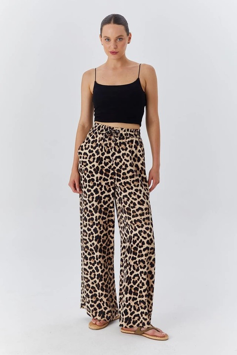 Pantaloni dama, Mixray, talie inalta, imprimeu leopard, bej natural