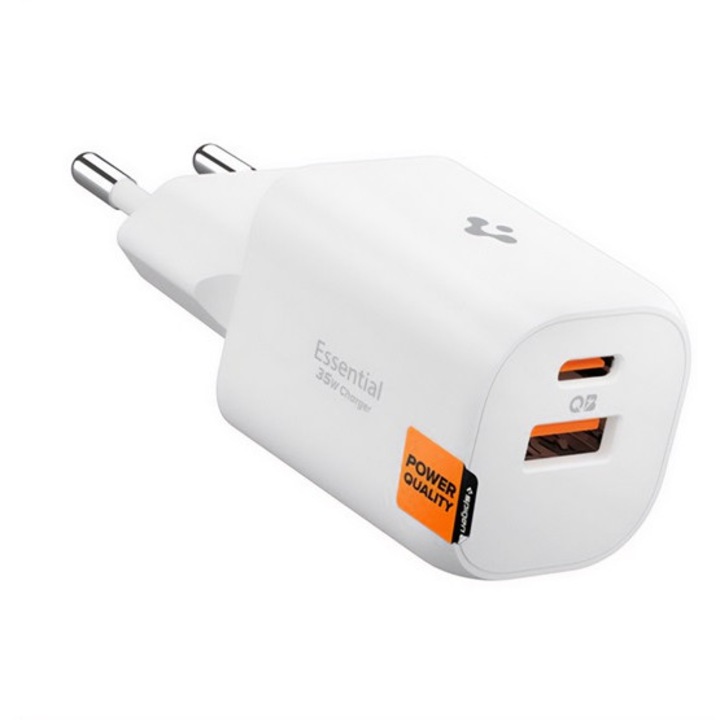 Spigen essential ee352eu hálózati töltő usb+type-c aljzat, 35w, gan, pd gyorstöltő 3.0, fehér