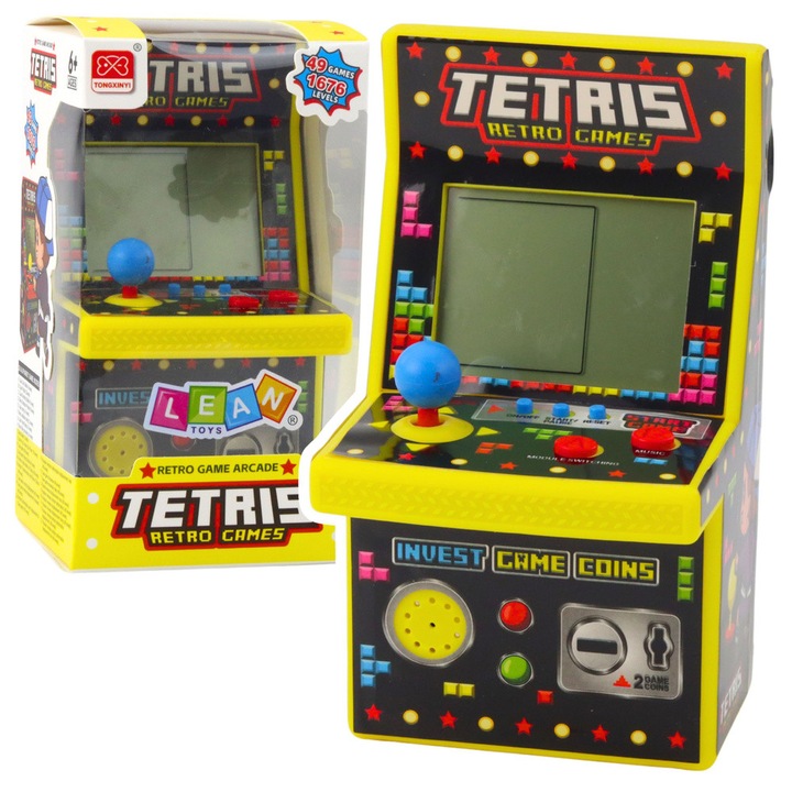 Мини автомат за игра Tetris, LEAN Toys, 49 игри, 1676 нива, жълт, 16x9x8,5см