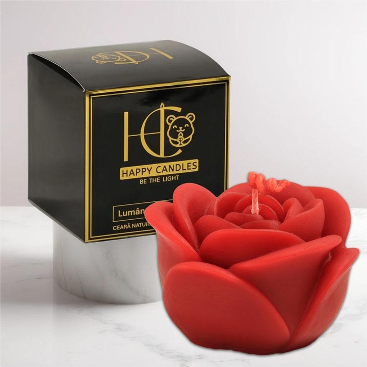 Lumanare din ceara naturala de albine, Happy Candles, Trandafir L, Rosu, Handmade, 100g