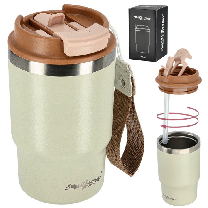 Cana termica cu pai si capac, ACTIV SPACE, 480 ml, bej, izolatie vid, 3 moduri de utilizare